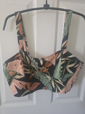 Women’s Tropical Print Bra Top - Black with Green & Coral Leaves